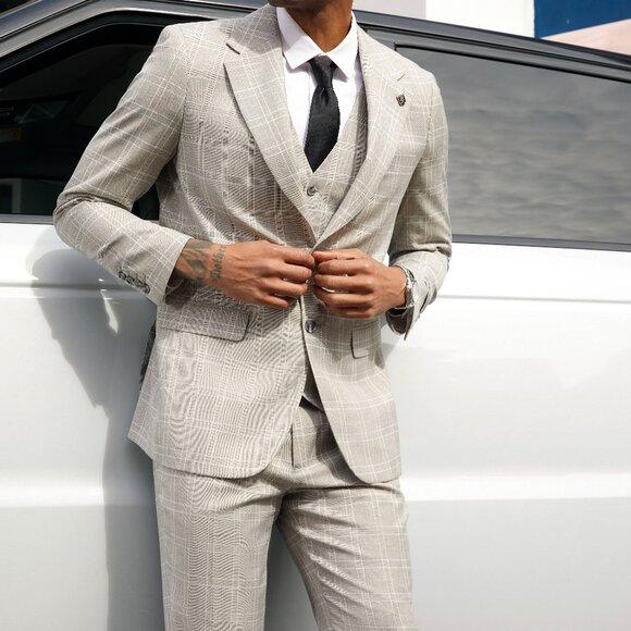 Light Grey Glen Check 3 Piece Stacy Adams Men's Suit - Picture 1 of 5